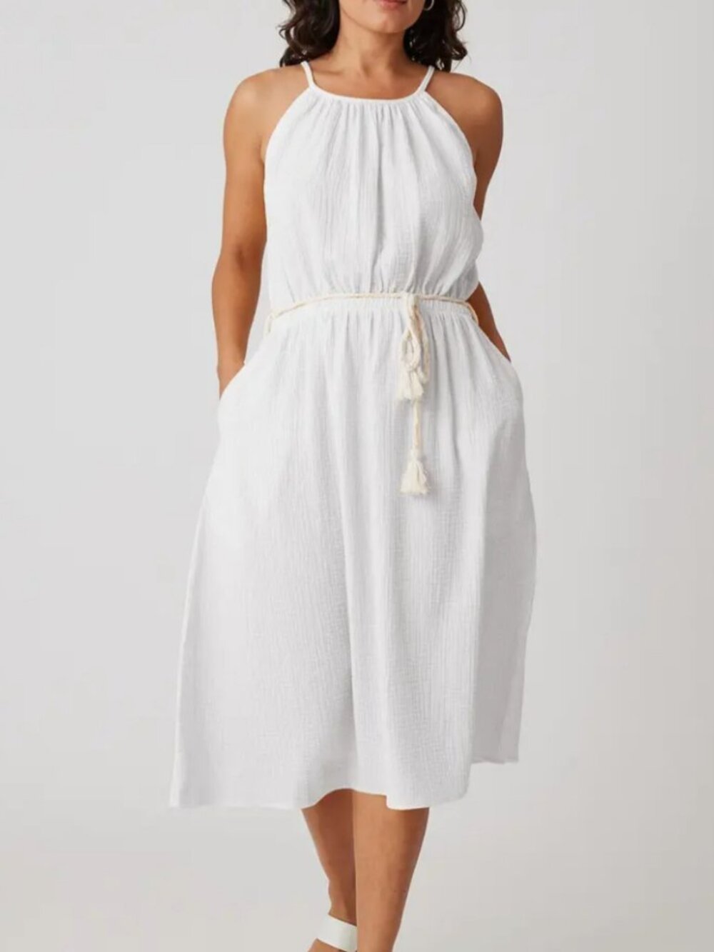 C&C California Women's Aimee High-Neck Midi Dress in Brilliant White size L NWT